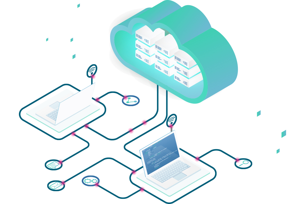 Oracle cloud consulting concept with computers and data stream technology