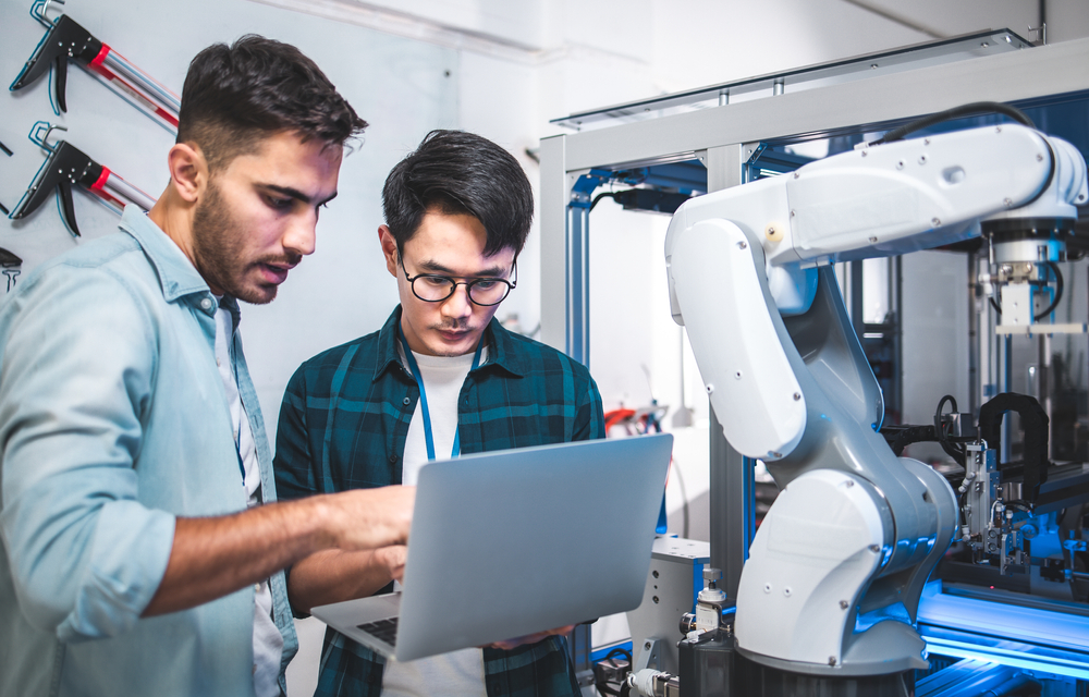 Male,Engineers,Maintenance,Robot,Arm,At,Lab.,He,Are,In