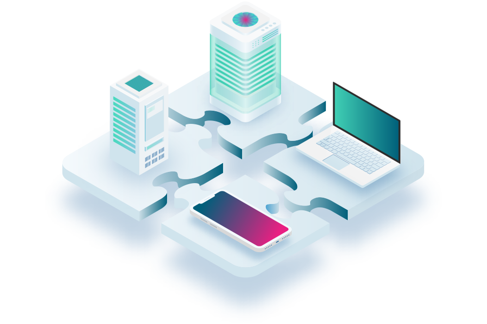 Concept art of technology systems including hardware, software, smart devices, and data centers
