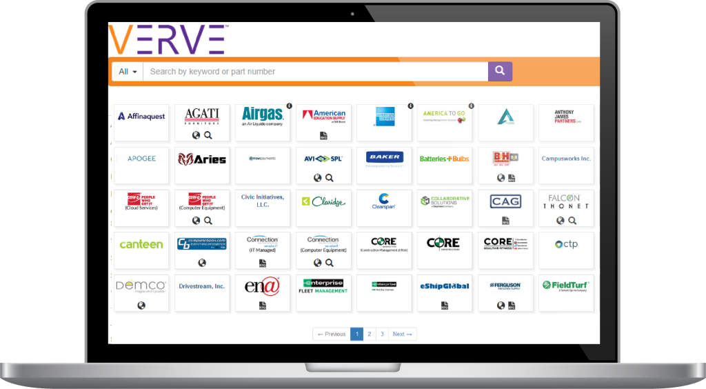 Computer screen displaying VERVE eprocurement software and available cooperative purchasing contracts from E&I Cooperative Services