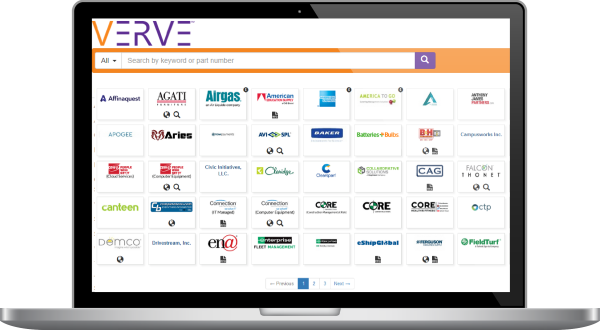 Computer screen displaying VERVE eprocurement software and available cooperative purchasing contracts from E&I Cooperative Services